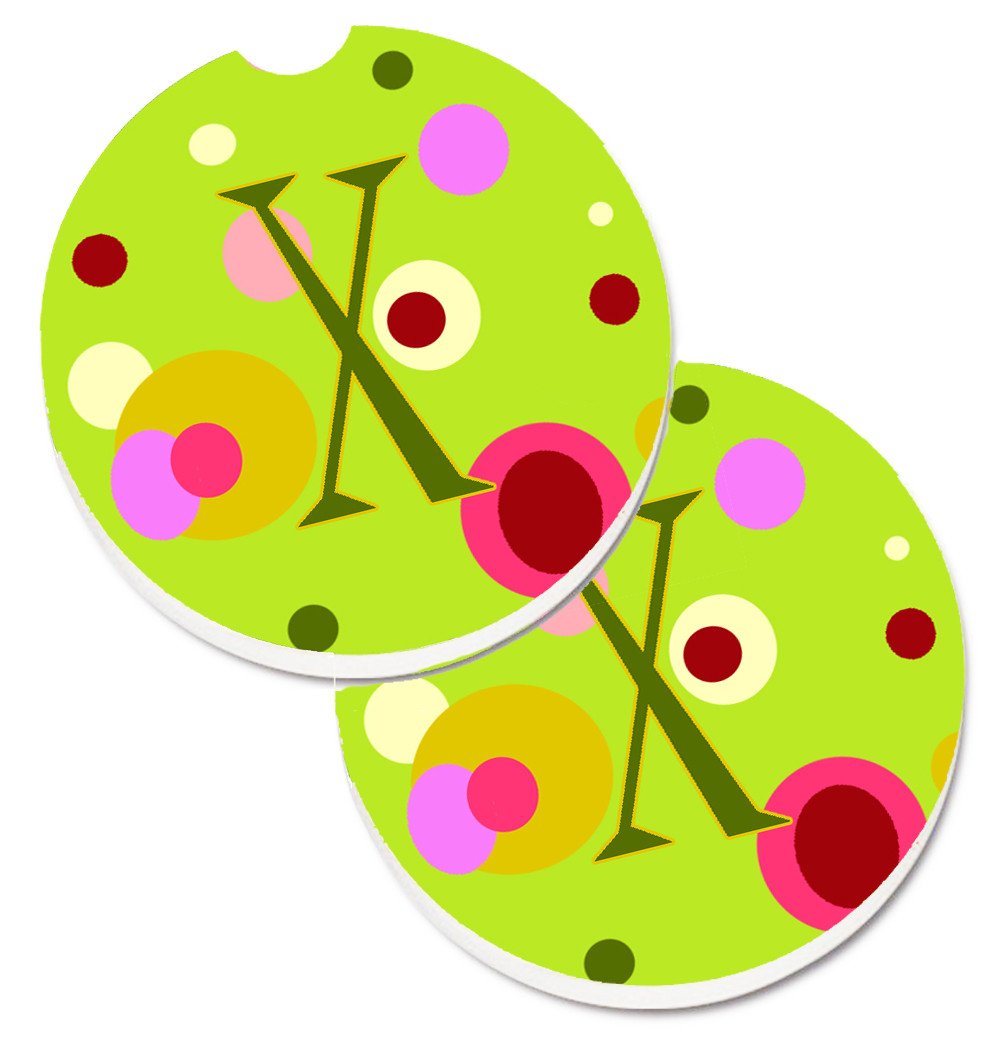 Letter X Monogram - Lime Green Set of 2 Cup Holder Car Coasters CJ1010-XCARC by Caroline&#39;s Treasures