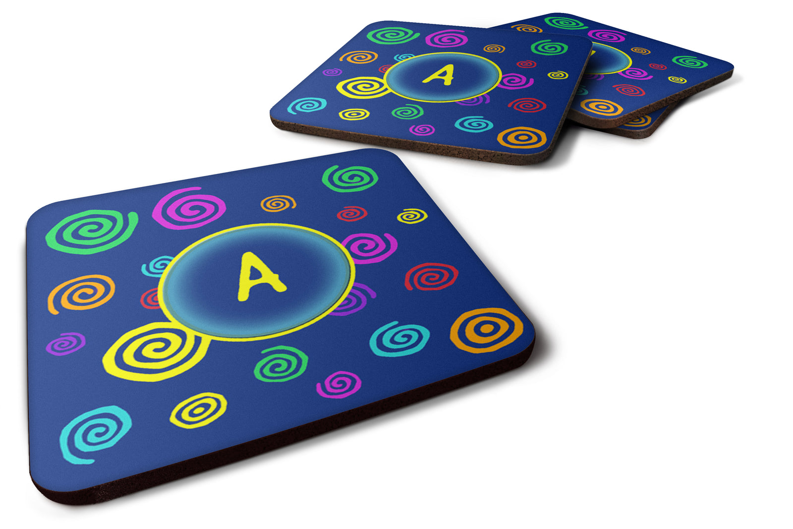 Set of 4 Monogram - Blue Swirls Foam Coasters Initial Letter A - the-store.com