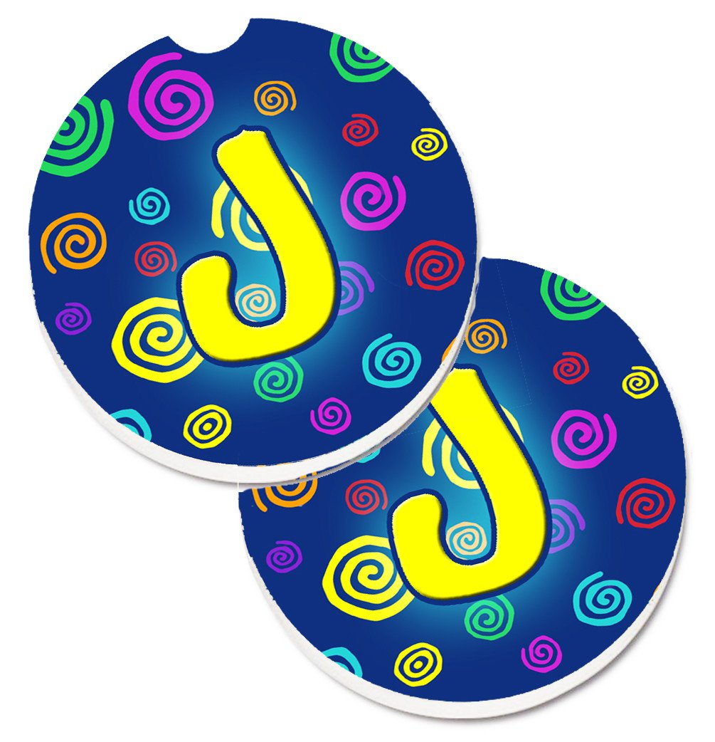 Letter J Initial Monogram - Blue Swirls Set of 2 Cup Holder Car Coasters CJ1011-JCARC by Caroline&#39;s Treasures