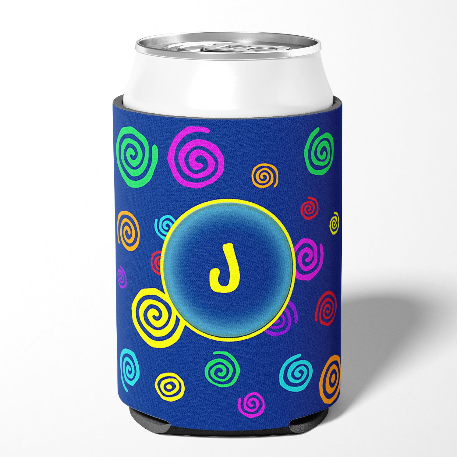 Letter J Initial Monogram - Blue Swirls Can or Bottle Beverage Insulator Hugger.