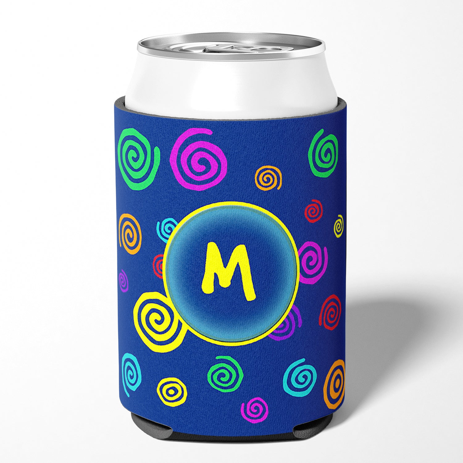 Letter M Initial Monogram - Blue Swirls Can or Bottle Beverage Insulator Hugger.