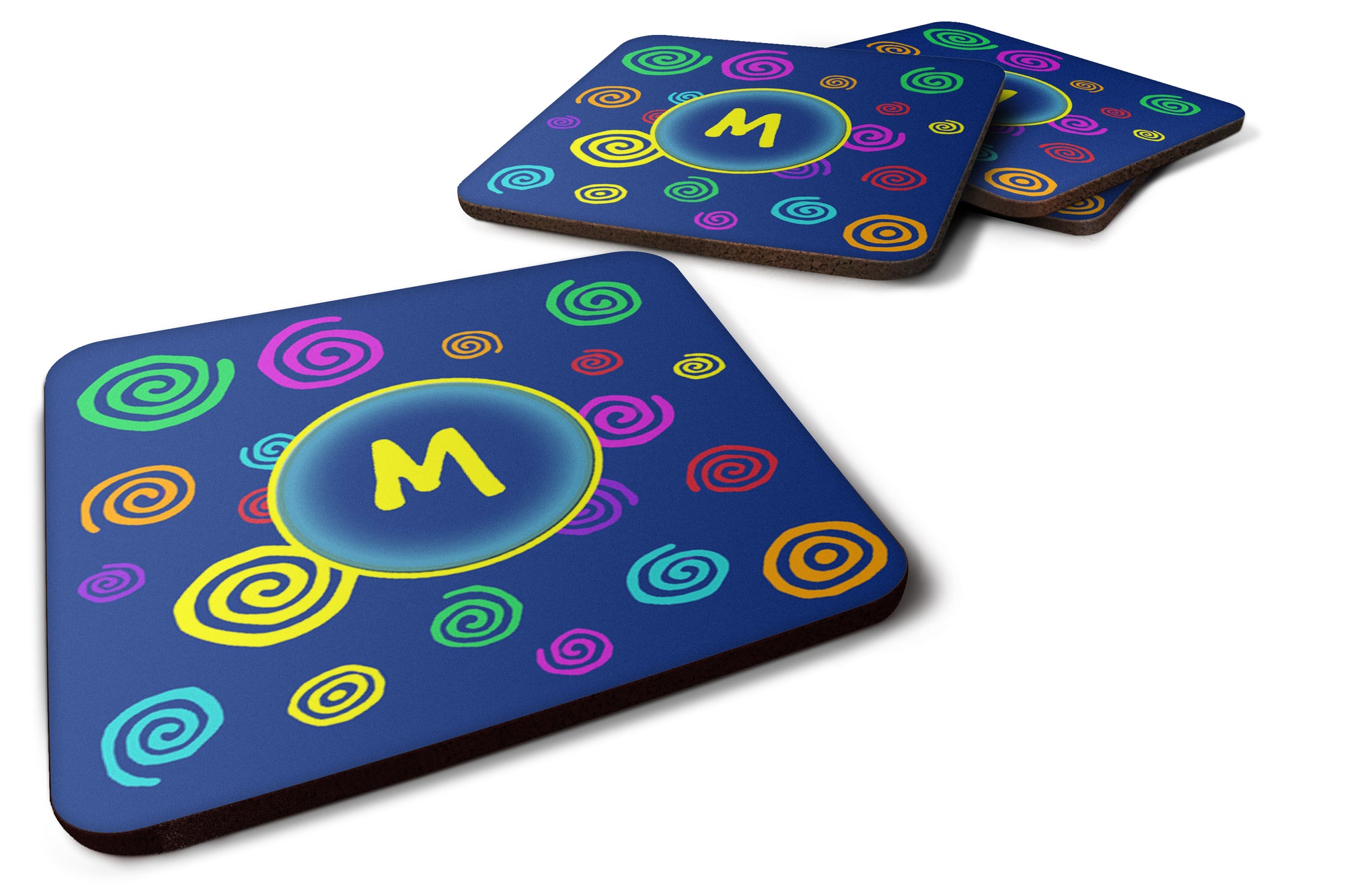 Set of 4 Monogram - Blue Swirls Foam Coasters Initial Letter M - the-store.com