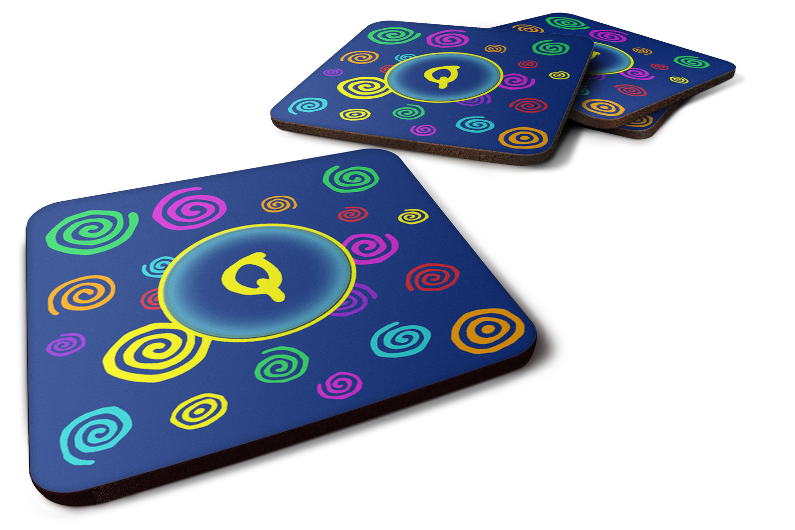 Set of 4 Monogram - Blue Swirls Foam Coasters Initial Letter Q - the-store.com