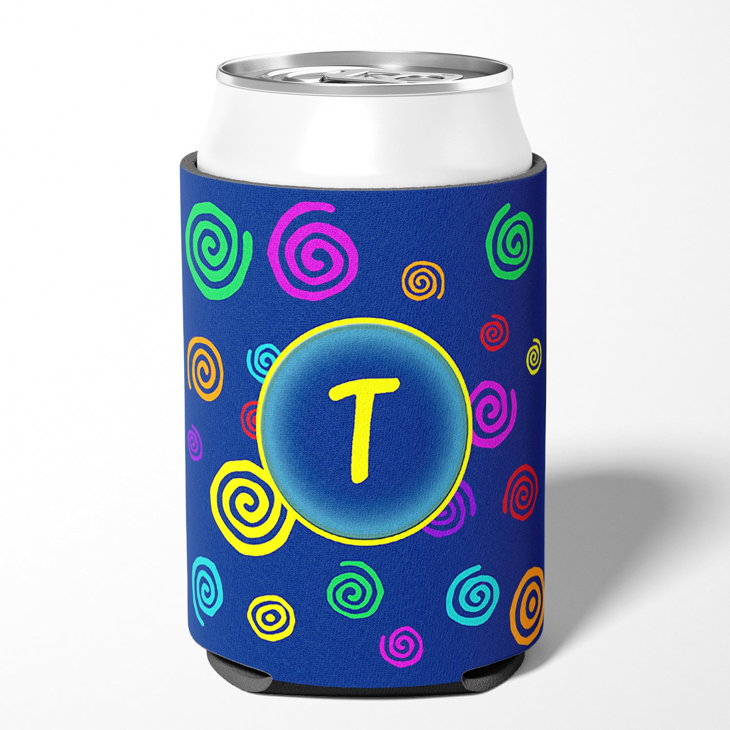 Letter T Initial Monogram - Blue Swirls Can or Bottle Beverage Insulator Hugger