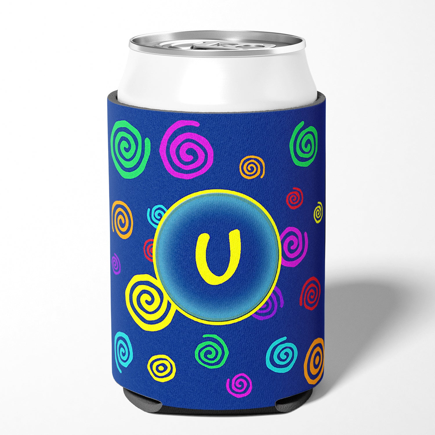 Letter U Initial Monogram - Blue Swirls Can or Bottle Beverage Insulator Hugger.