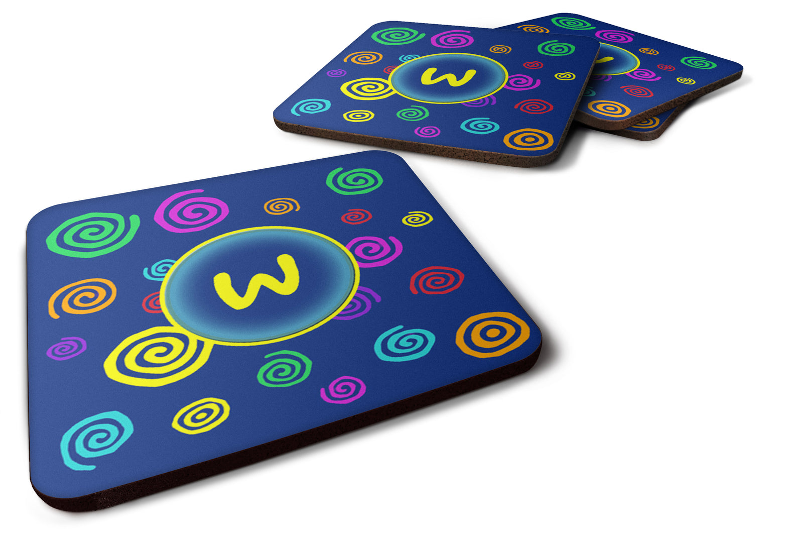 Set of 4 Monogram - Blue Swirls Foam Coasters Initial Letter W - the-store.com