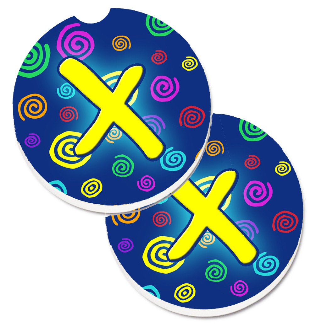 Letter X Initial Monogram - Blue Swirls Set of 2 Cup Holder Car Coasters CJ1011-XCARC by Caroline&#39;s Treasures