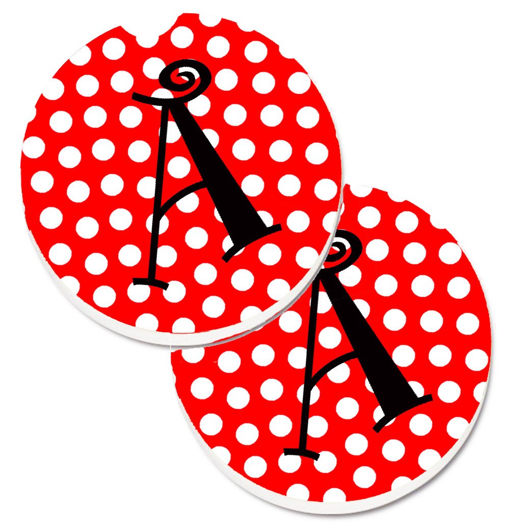 Letter A Monogram - Red and Black Polka Dots Set of 2 Cup Holder Car Coasters CJ1012-ACARC by Caroline&#39;s Treasures