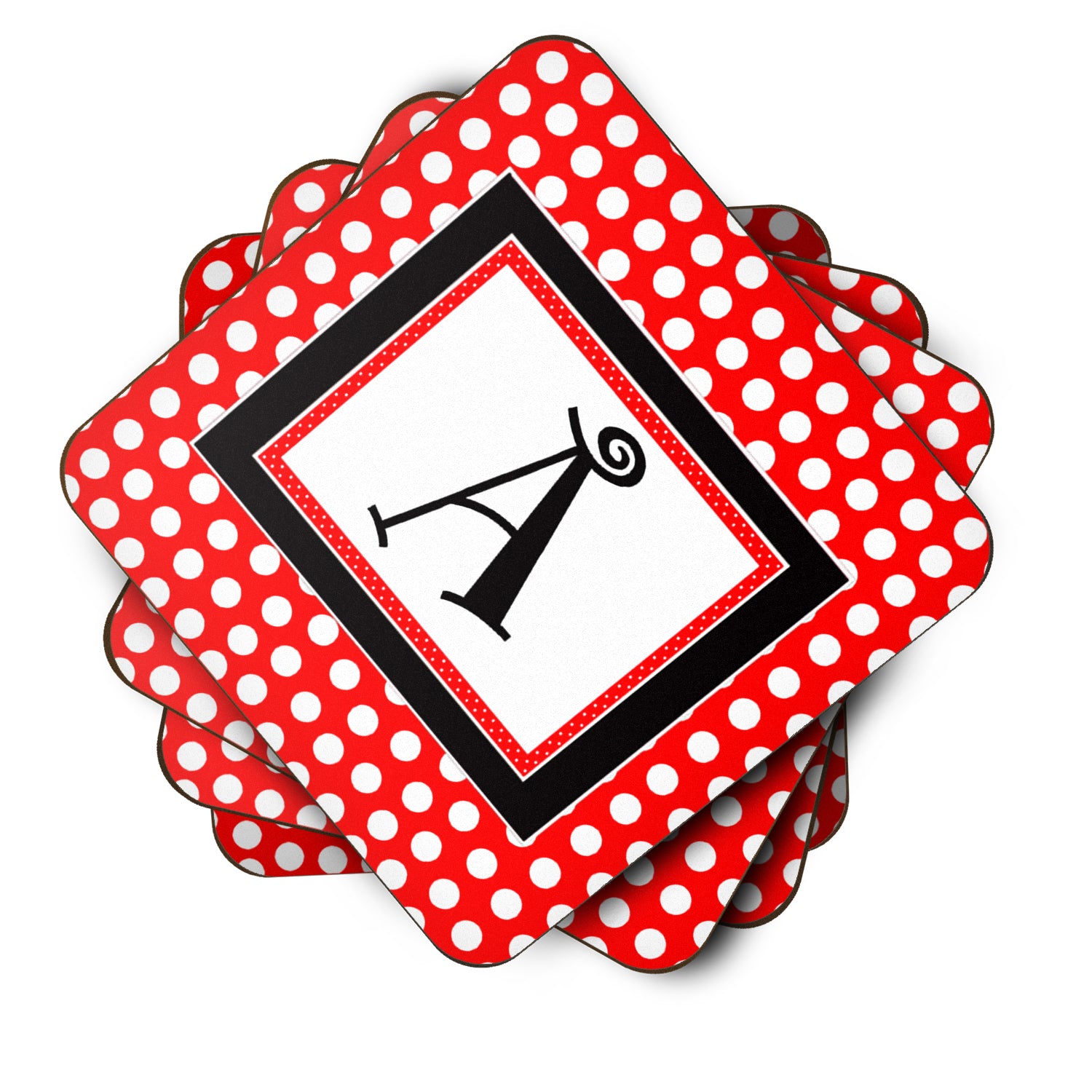Set of 4 Monogram - Red Black Polka Dots Foam Coasters Initial Letter A - the-store.com