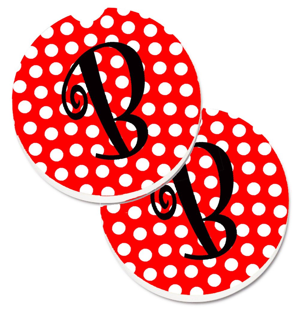 Letter B Initial Monogram Red Black Polka Dots Set of 2 Cup Holder Car Coasters CJ1012-BCARC by Caroline&#39;s Treasures