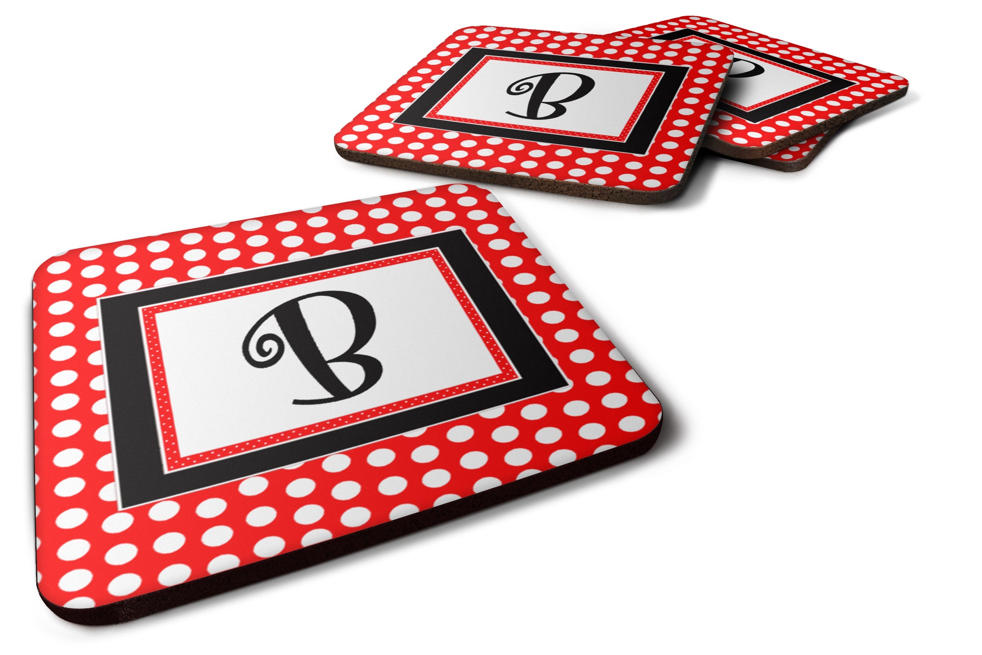 Set of 4 Monogram - Red Black Polka Dots Foam Coasters Initial Letter B - the-store.com