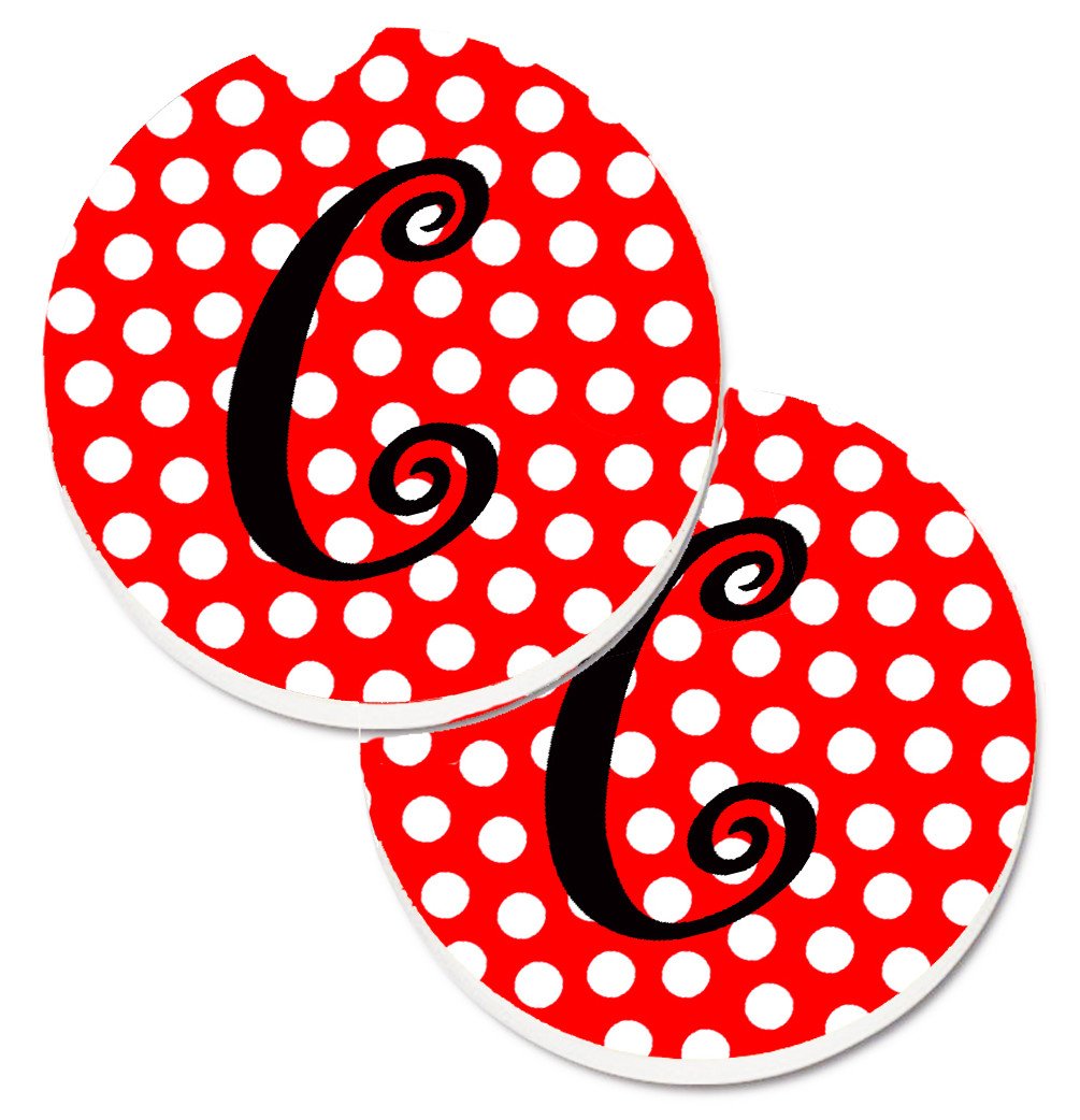 Letter C Initial Monogram Red Black Polka Dots Set of 2 Cup Holder Car Coasters CJ1012-CCARC by Caroline&#39;s Treasures