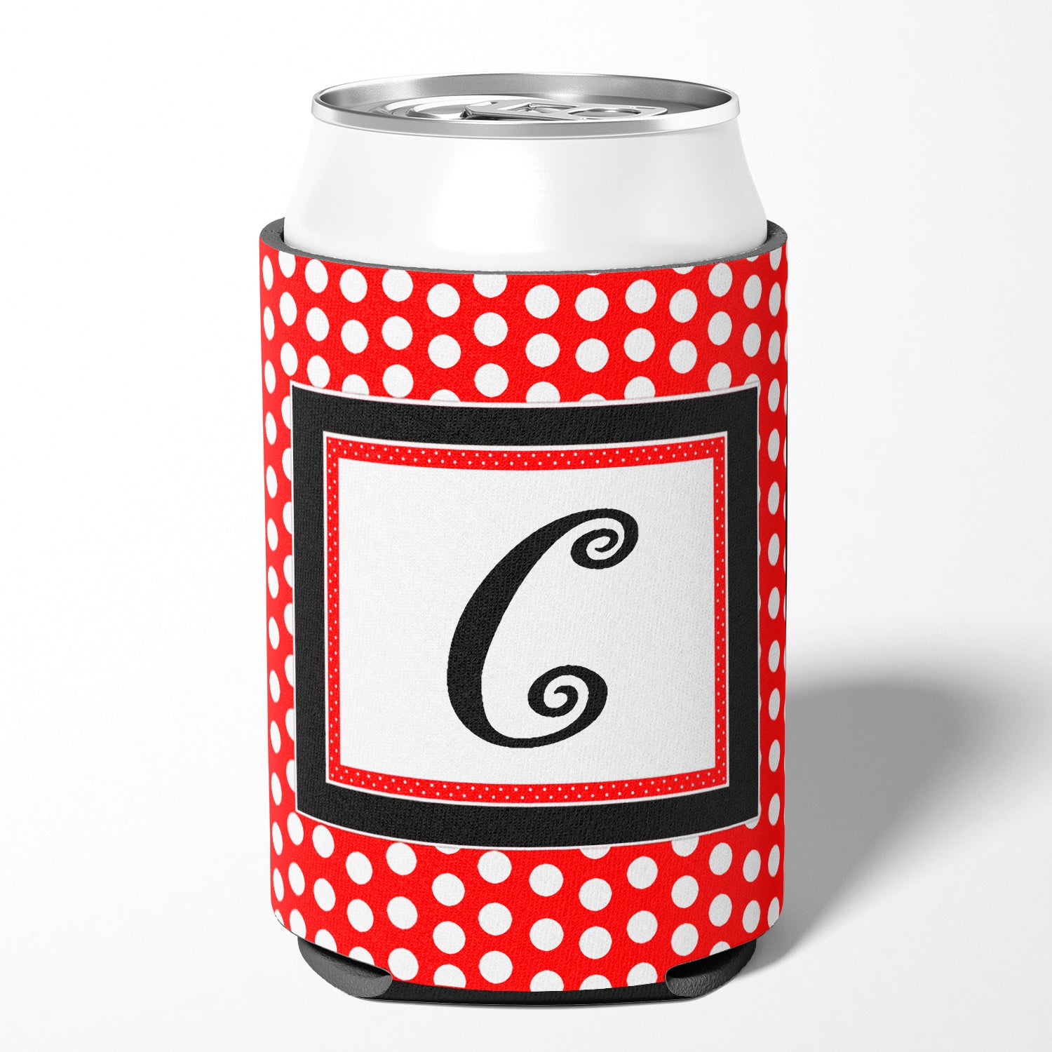 Letter C Initial Monogram - Red Black Polka Dots Can or Bottle Beverage Insulator Hugger.