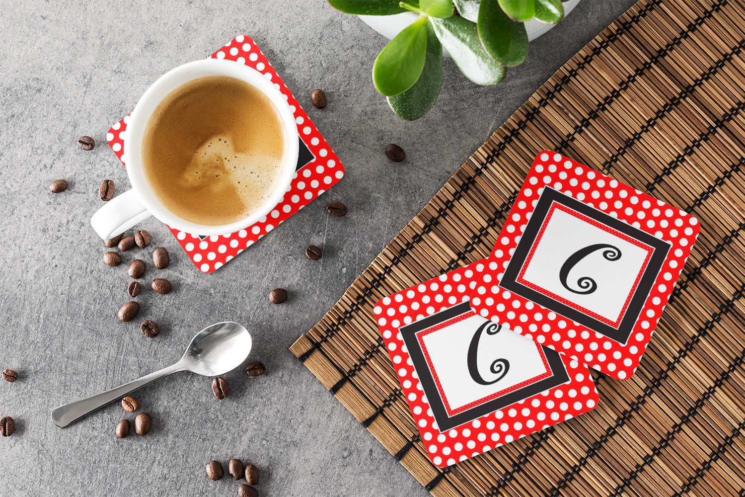 Set of 4 Monogram - Red Black Polka Dots Foam Coasters Initial Letter C - the-store.com