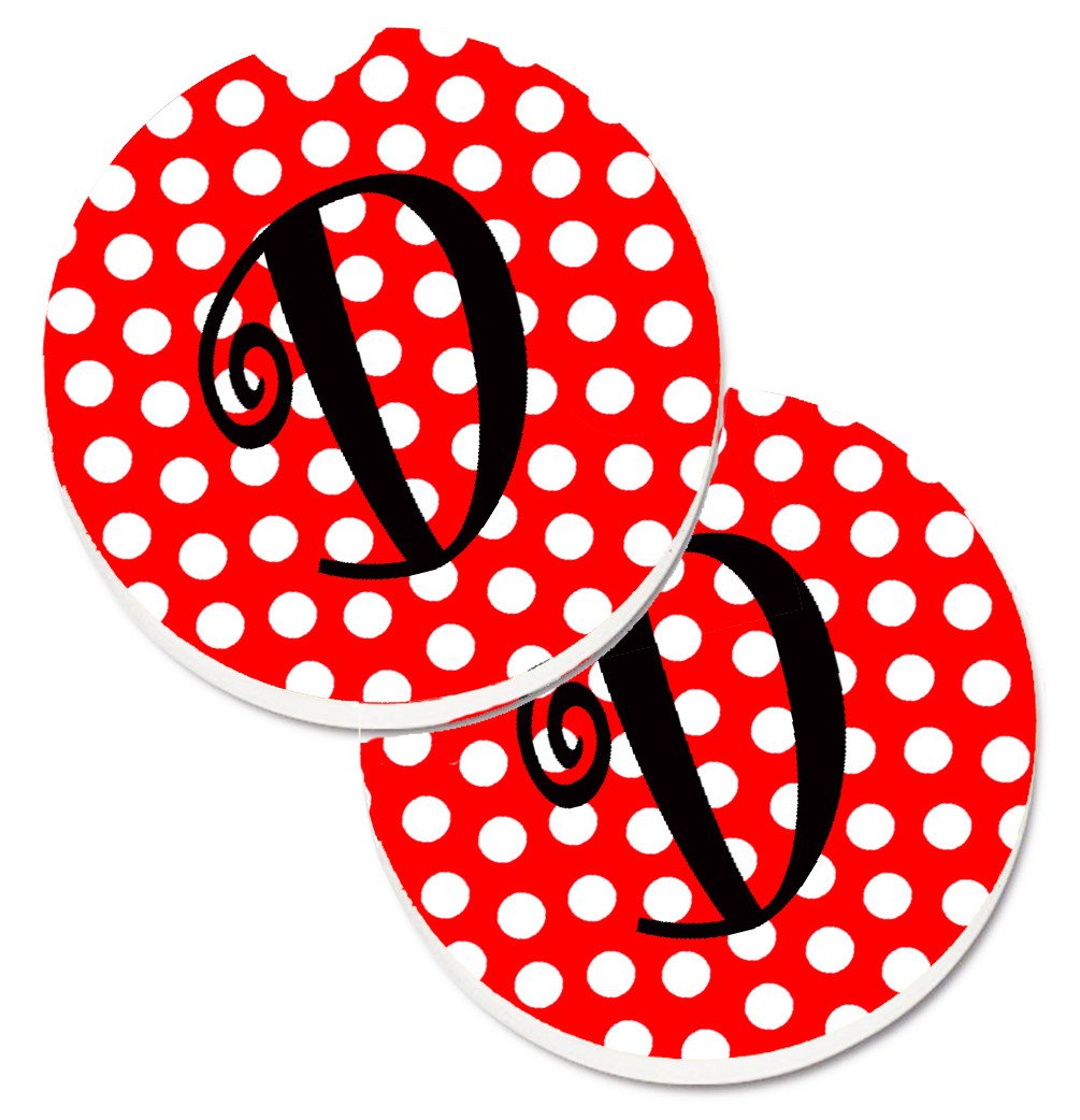 Letter D Initial Monogram Red Black Polka Dots Set of 2 Cup Holder Car Coasters CJ1012-DCARC by Caroline&#39;s Treasures