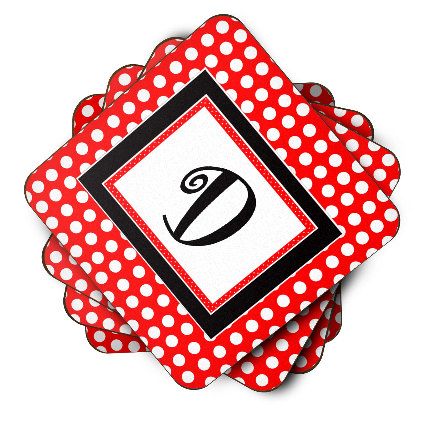Set of 4 Monogram - Red Black Polka Dots Foam Coasters Initial Letter D - the-store.com