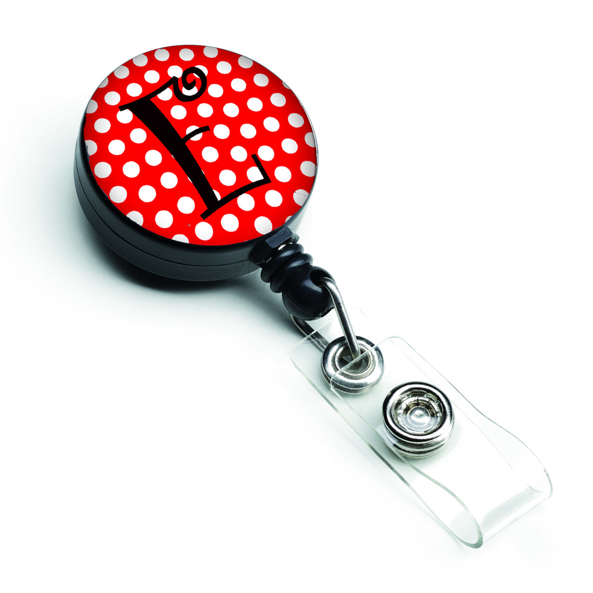 Letter E Initial Monogram Red Black Polka Dots Retractable Badge Reel CJ1012-EBR
