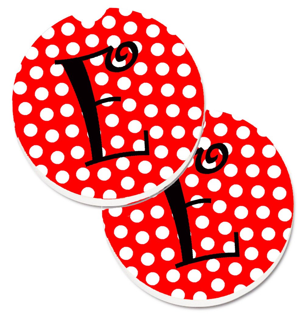 Letter E Initial Monogram Red Black Polka Dots Set of 2 Cup Holder Car Coasters CJ1012-ECARC by Caroline&#39;s Treasures