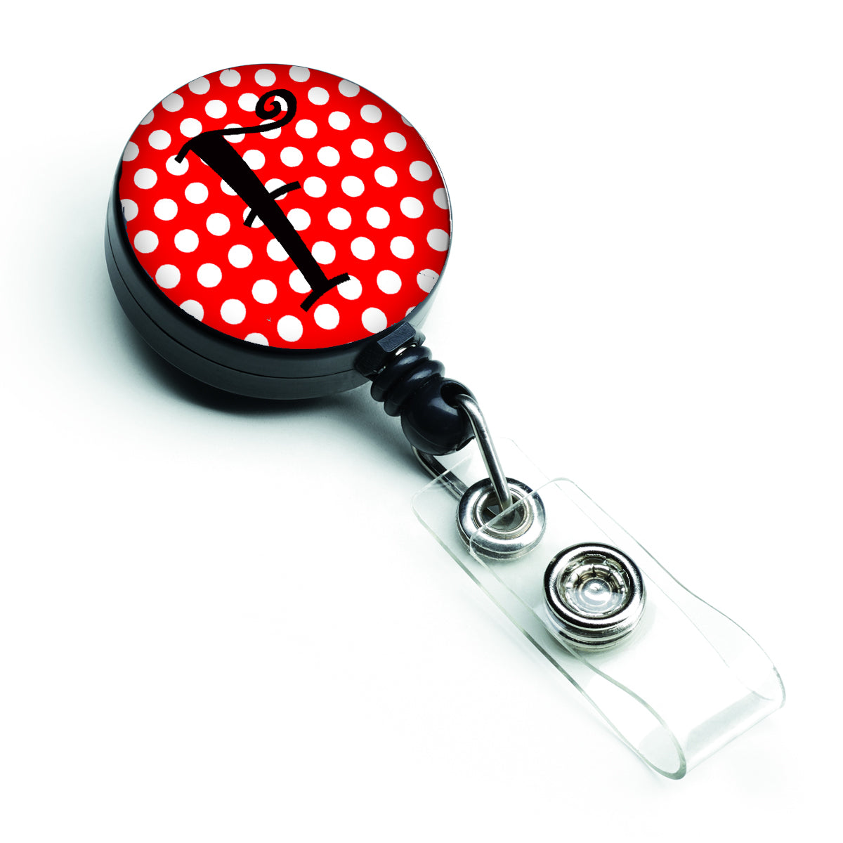 Letter F Initial Monogram Red Black Polka Dots Retractable Badge Reel CJ1012-FBR