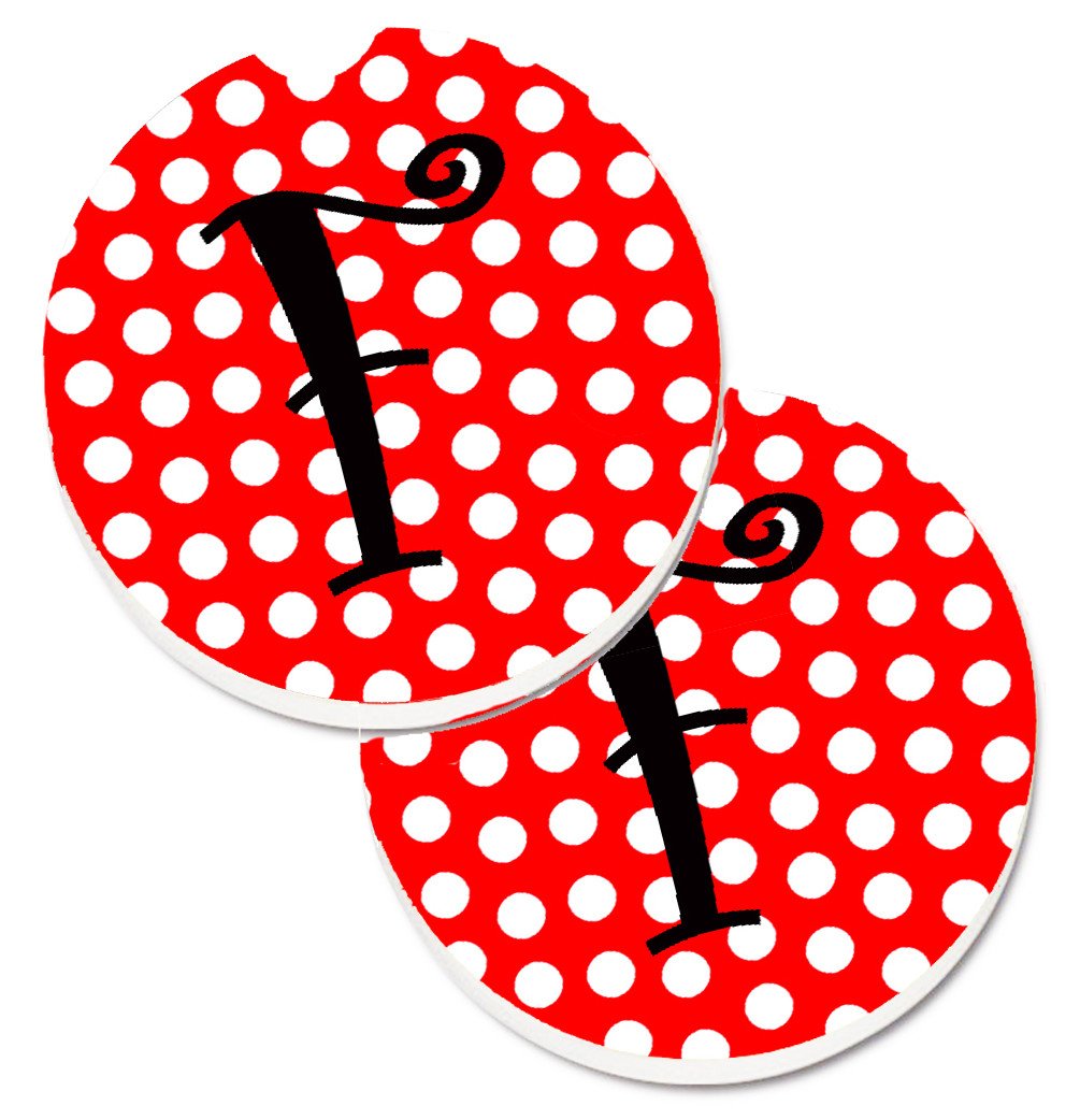 Letter F Initial Monogram Red Black Polka Dots Set of 2 Cup Holder Car Coasters CJ1012-FCARC by Caroline&#39;s Treasures