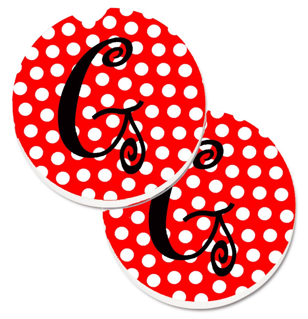 Letter G Initial Monogram Red Black Polka Dots Set of 2 Cup Holder Car Coasters CJ1012-GCARC by Caroline&#39;s Treasures