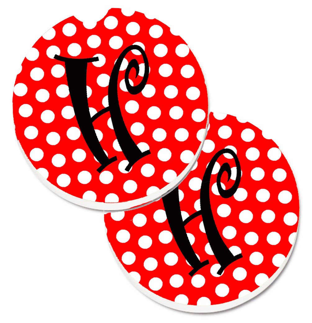 Letter H Initial Monogram Red Black Polka Dots Set of 2 Cup Holder Car Coasters CJ1012-HCARC by Caroline&#39;s Treasures