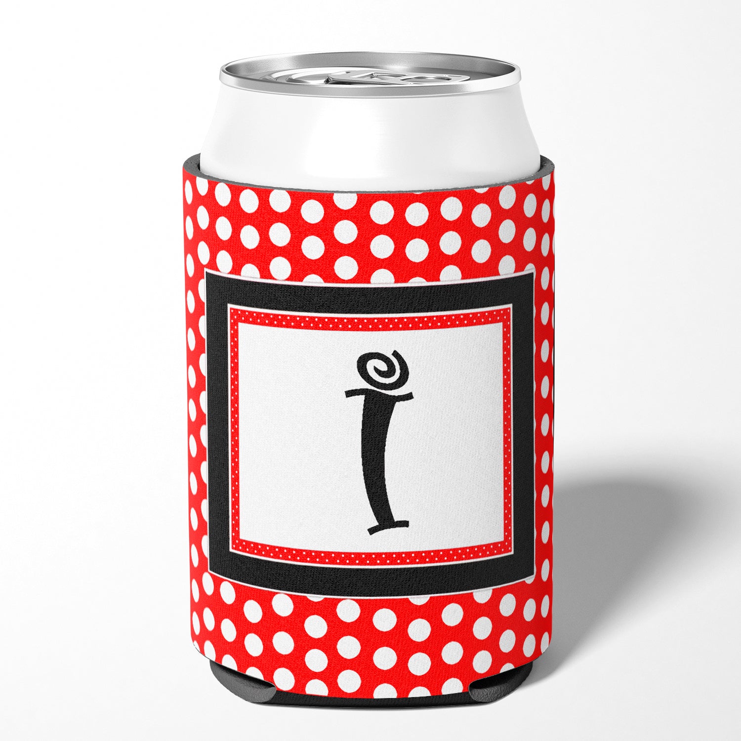 Letter I Initial Monogram - Red Black Polka Dots Can or Bottle Beverage Insulator Hugger