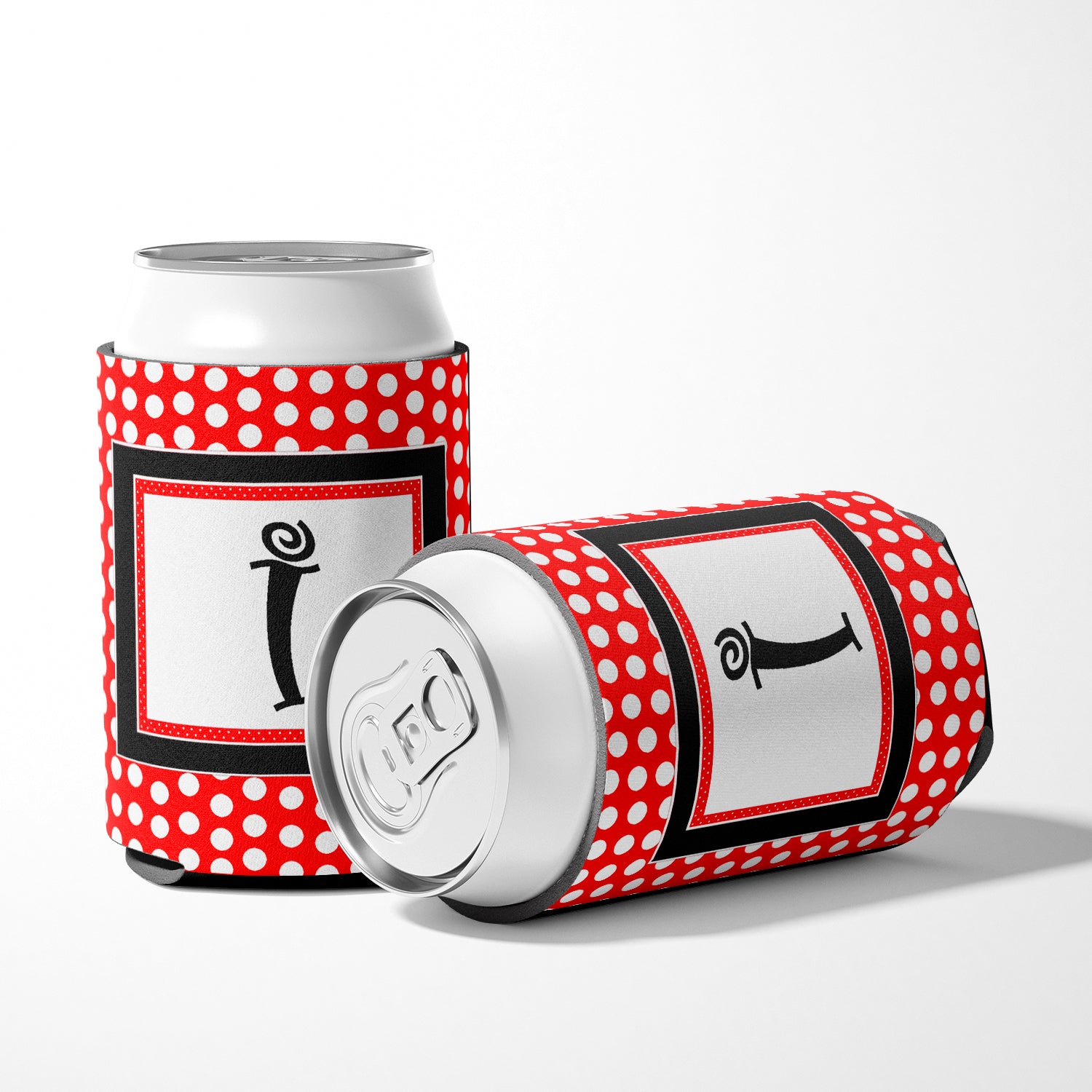 Letter I Initial Monogram - Red Black Polka Dots Can or Bottle Beverage Insulator Hugger.