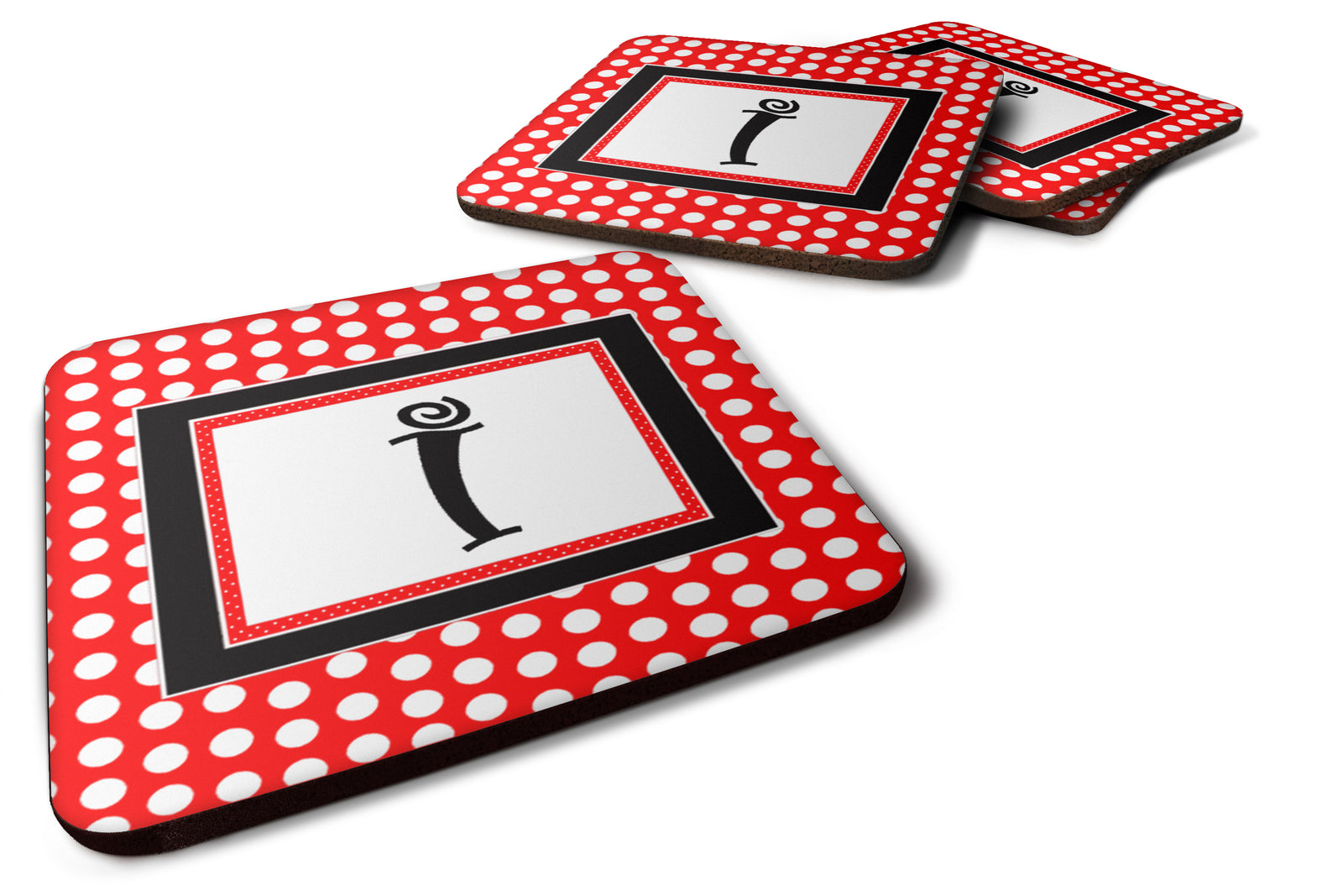 Set of 4 Monogram - Red Black Polka Dots Foam Coasters Initial Letter I - the-store.com