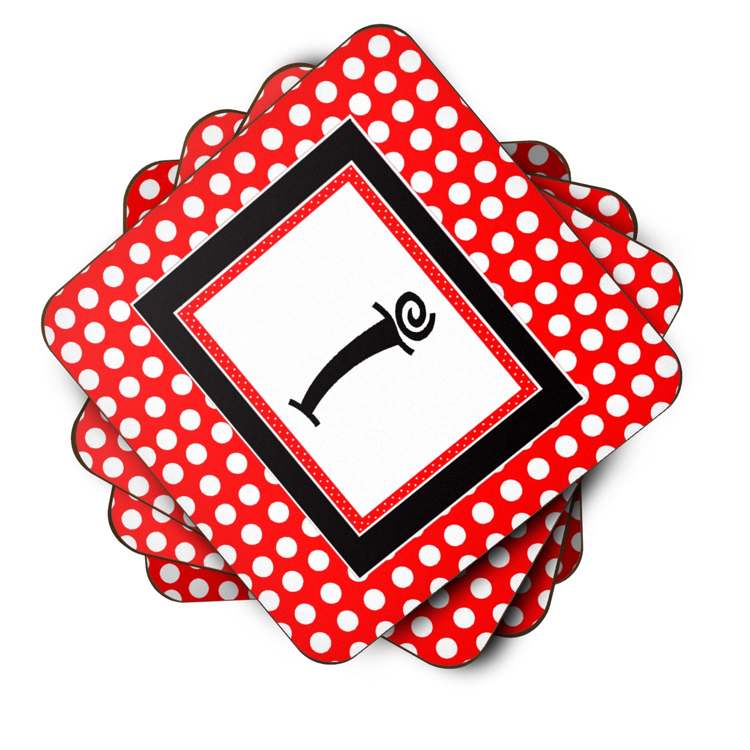 Set of 4 Monogram - Red Black Polka Dots Foam Coasters Initial Letter I - the-store.com
