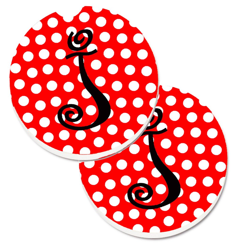 Letter J Initial Monogram Red Black Polka Dots Set of 2 Cup Holder Car Coasters CJ1012-JCARC by Caroline&#39;s Treasures
