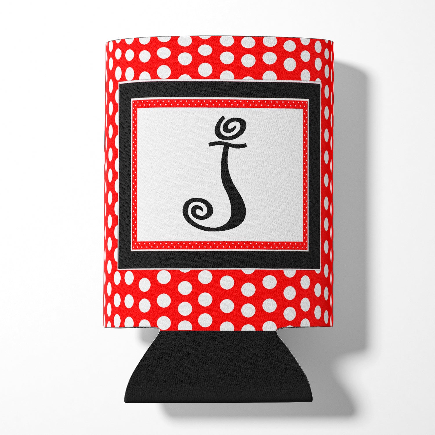 Letter J Initial Monogram - Red Black Polka Dots Can or Bottle Beverage Insulator Hugger.