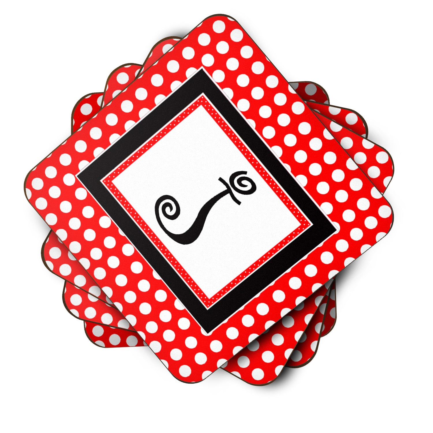 Set of 4 Monogram - Red Black Polka Dots Foam Coasters Initial Letter J - the-store.com