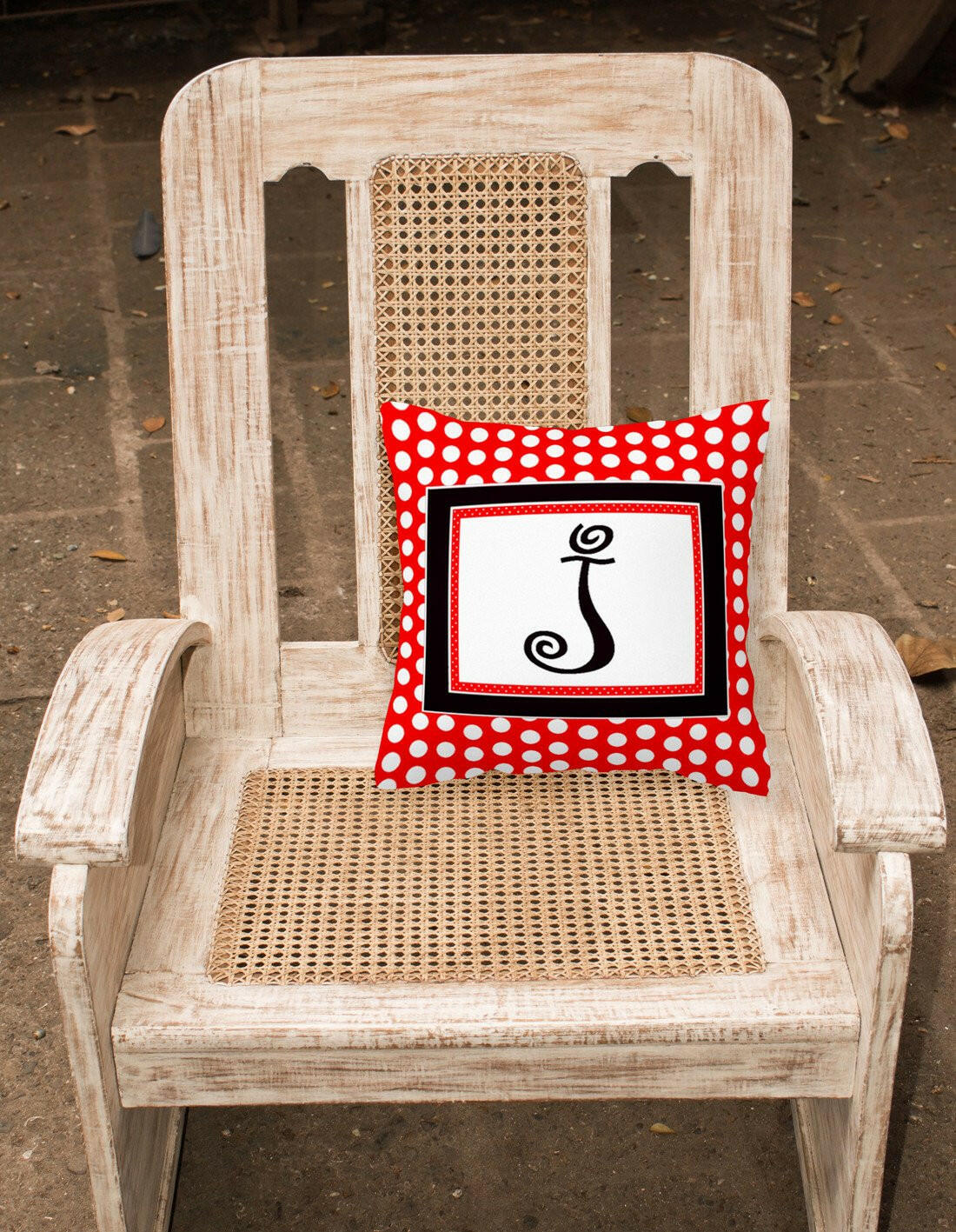 Letter J Initial Monogram Red Black Polka Dots Decorative Canvas Fabric Pillow - the-store.com