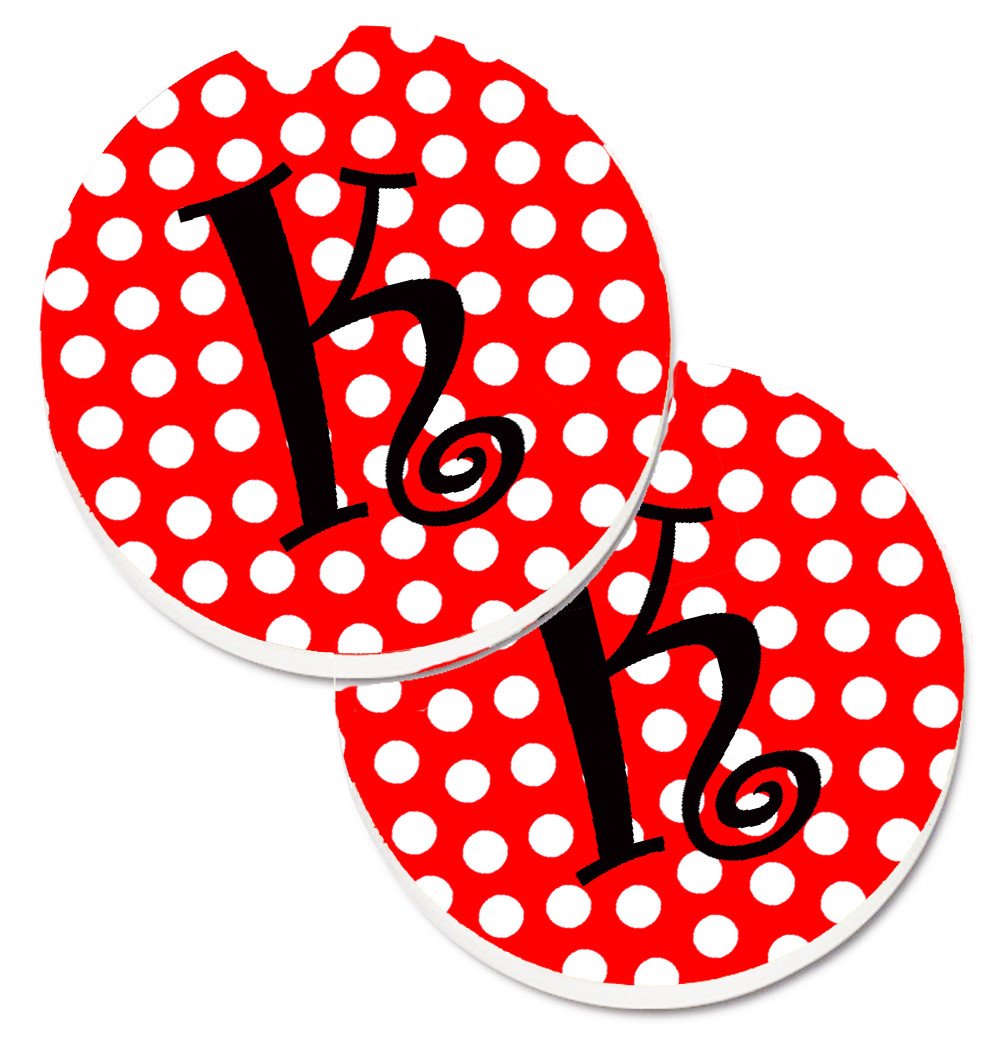 Letter K Initial Monogram Red Black Polka Dots Set of 2 Cup Holder Car Coasters CJ1012-KCARC by Caroline&#39;s Treasures