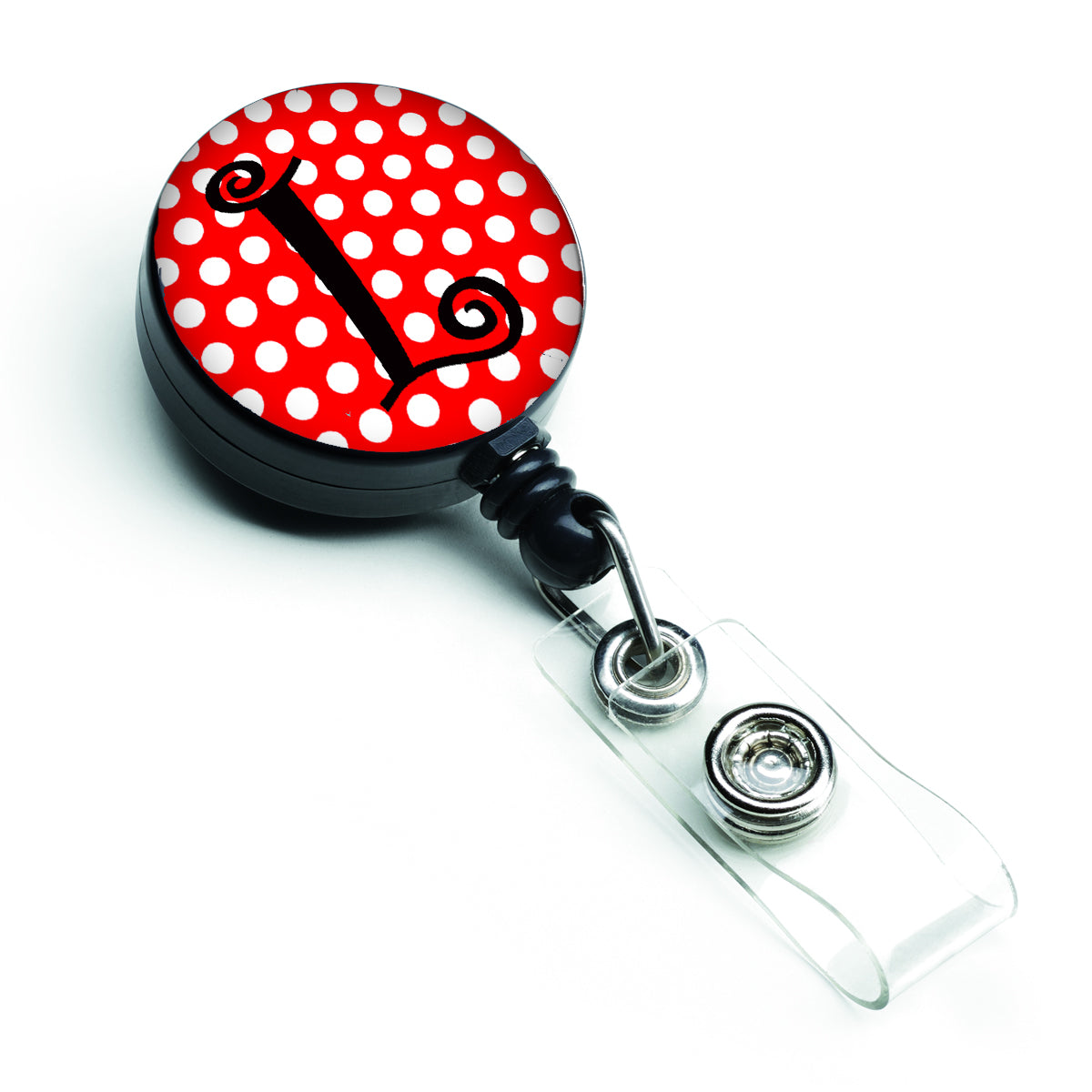 Letter L Initial Monogram Red Black Polka Dots Retractable Badge Reel CJ1012-LBR  the-store.com.
