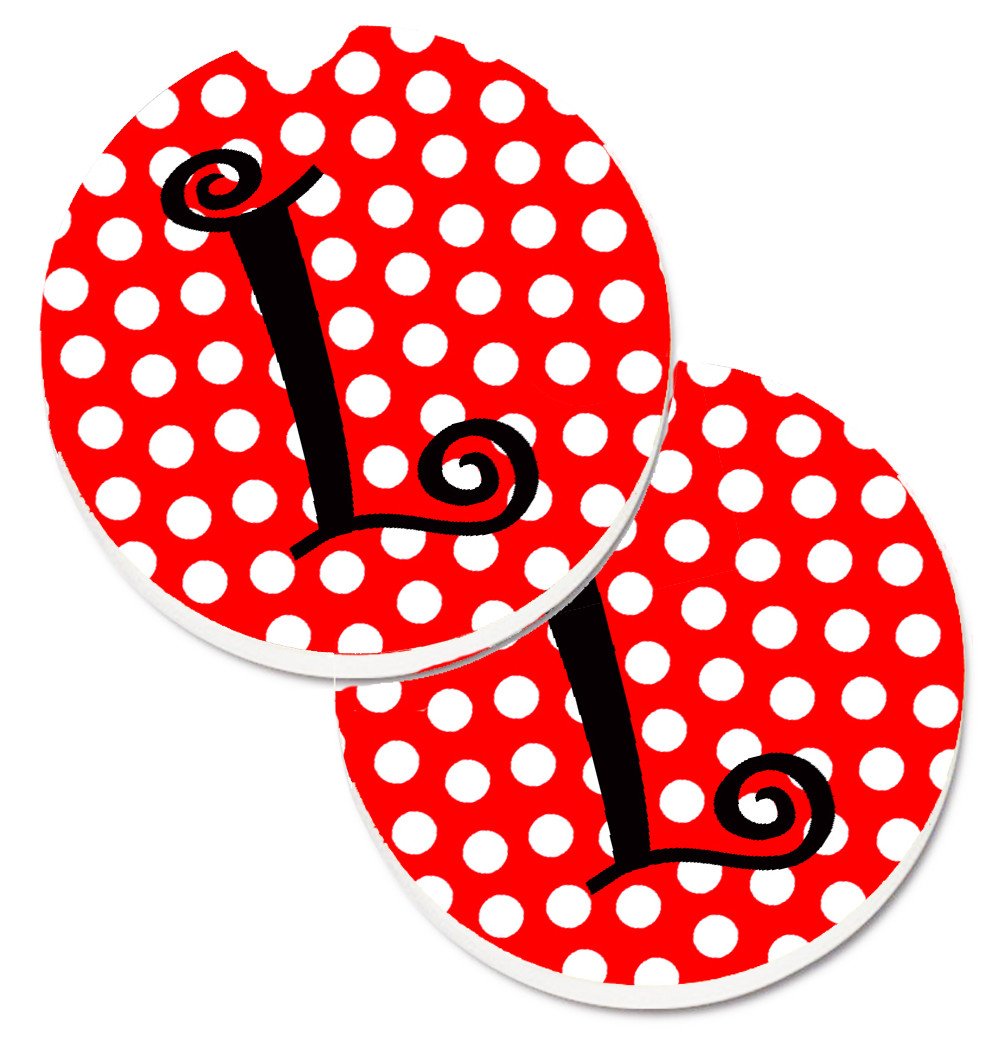 Letter L Initial Monogram Red Black Polka Dots Set of 2 Cup Holder Car Coasters CJ1012-LCARC by Caroline&#39;s Treasures