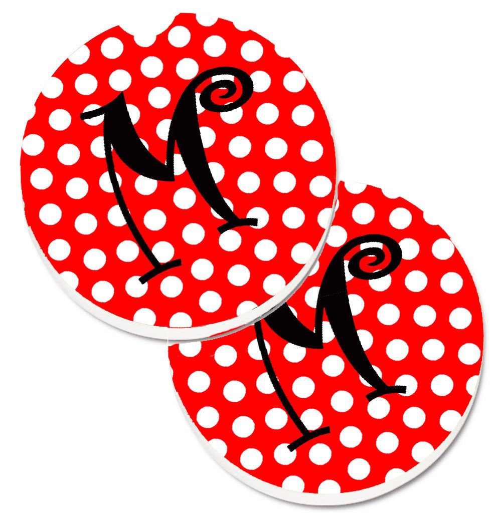Letter M Initial Monogram Red Black Polka Dots Set of 2 Cup Holder Car Coasters CJ1012-MCARC by Caroline&#39;s Treasures