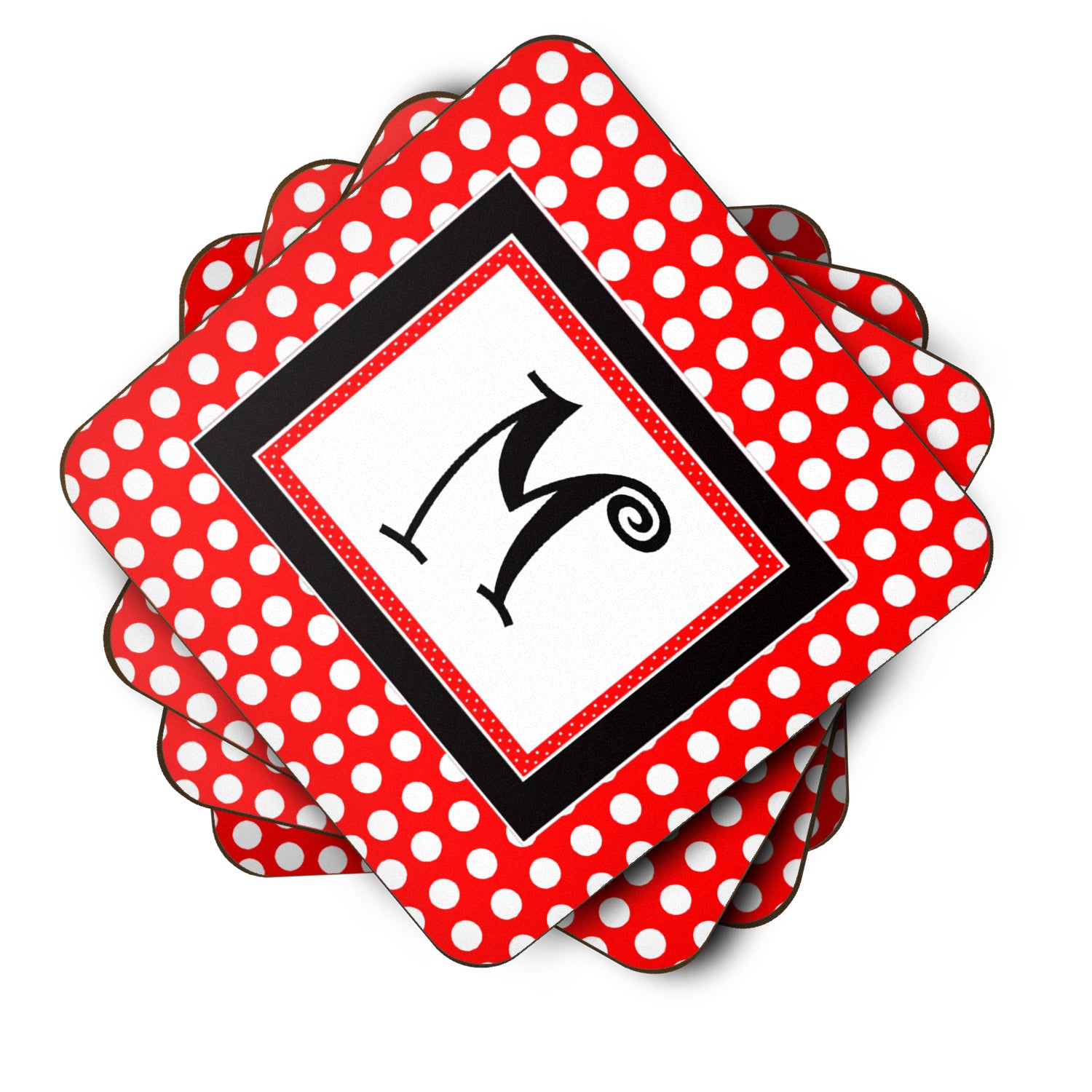 Set of 4 Monogram - Red Black Polka Dots Foam Coasters Initial Letter M - the-store.com