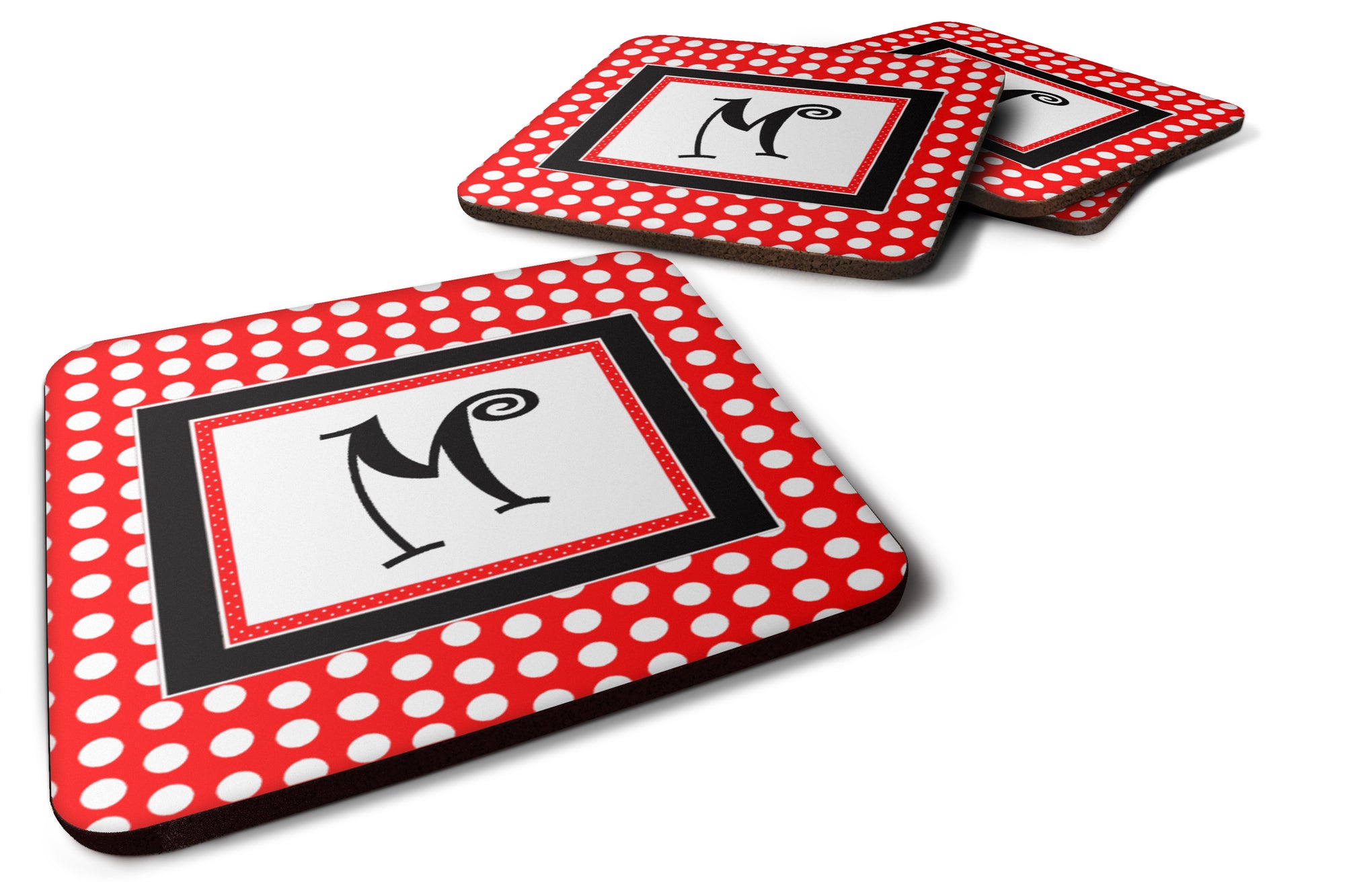 Set of 4 Monogram - Red Black Polka Dots Foam Coasters Initial Letter M - the-store.com