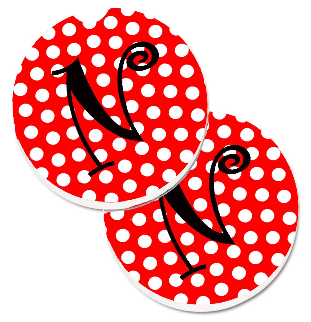 Letter N Initial Monogram Red Black Polka Dots Set of 2 Cup Holder Car Coasters CJ1012-NCARC by Caroline&#39;s Treasures