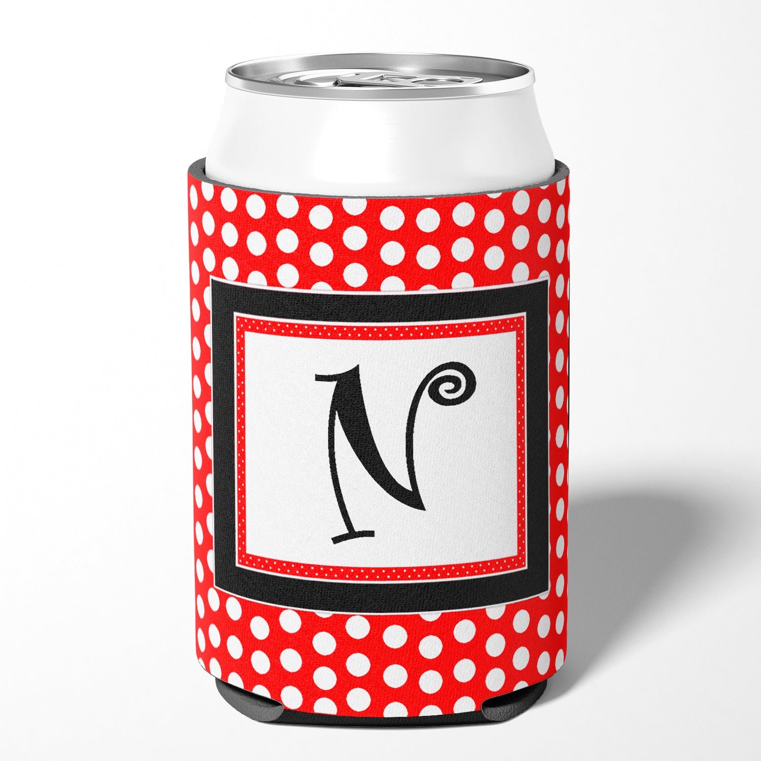 Letter N Initial Monogram - Red Black Polka Dots Can or Bottle Beverage Insulator Hugger.