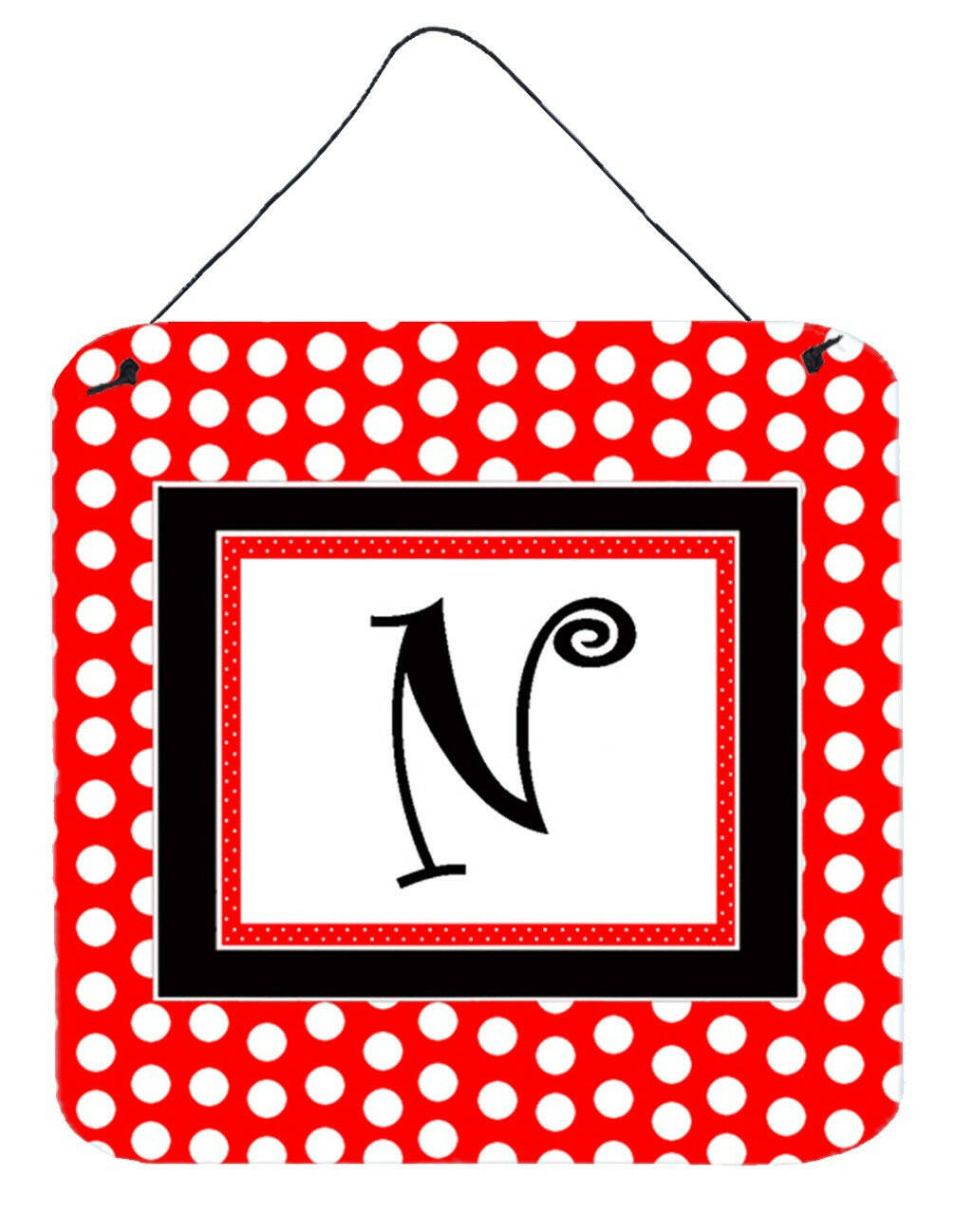 Letter N Initial  - Red Black Polka Dots Wall or Door Hanging Prints by Caroline&#39;s Treasures