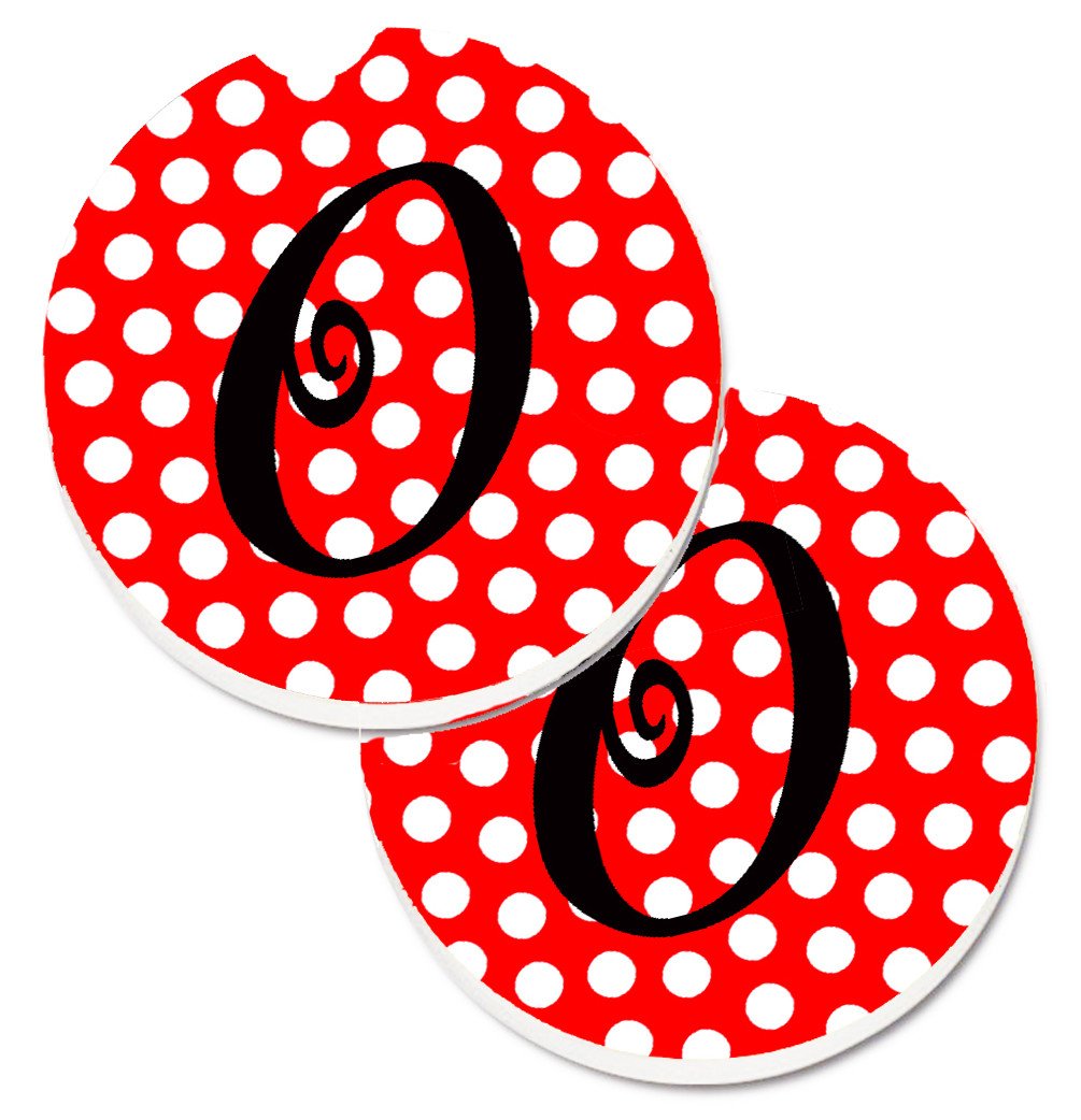 Letter O Initial Monogram Red Black Polka Dots Set of 2 Cup Holder Car Coasters CJ1012-OCARC by Caroline&#39;s Treasures
