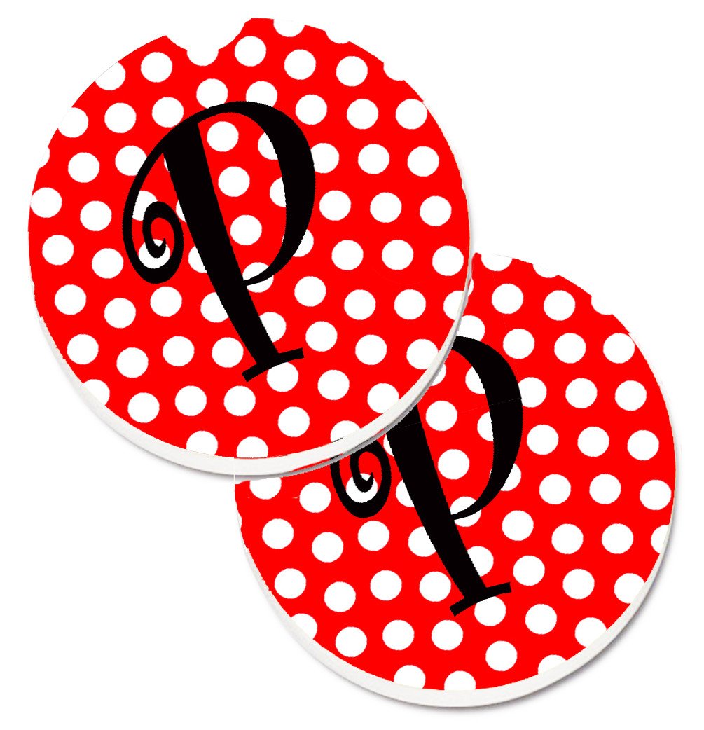 Letter P Initial Monogram Red Black Polka Dots Set of 2 Cup Holder Car Coasters CJ1012-PCARC by Caroline&#39;s Treasures