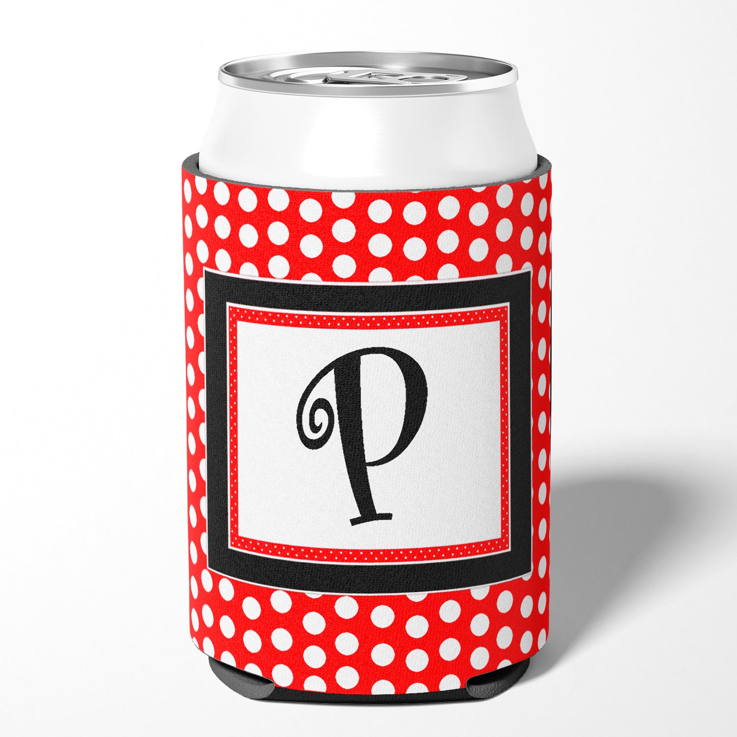 Letter P Initial Monogram - Red Black Polka Dots Can or Bottle Beverage Insulator Hugger.