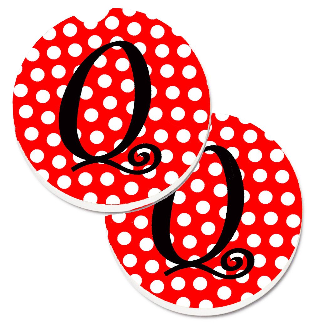 Letter Q Initial Monogram Red Black Polka Dots Set of 2 Cup Holder Car Coasters CJ1012-QCARC by Caroline&#39;s Treasures