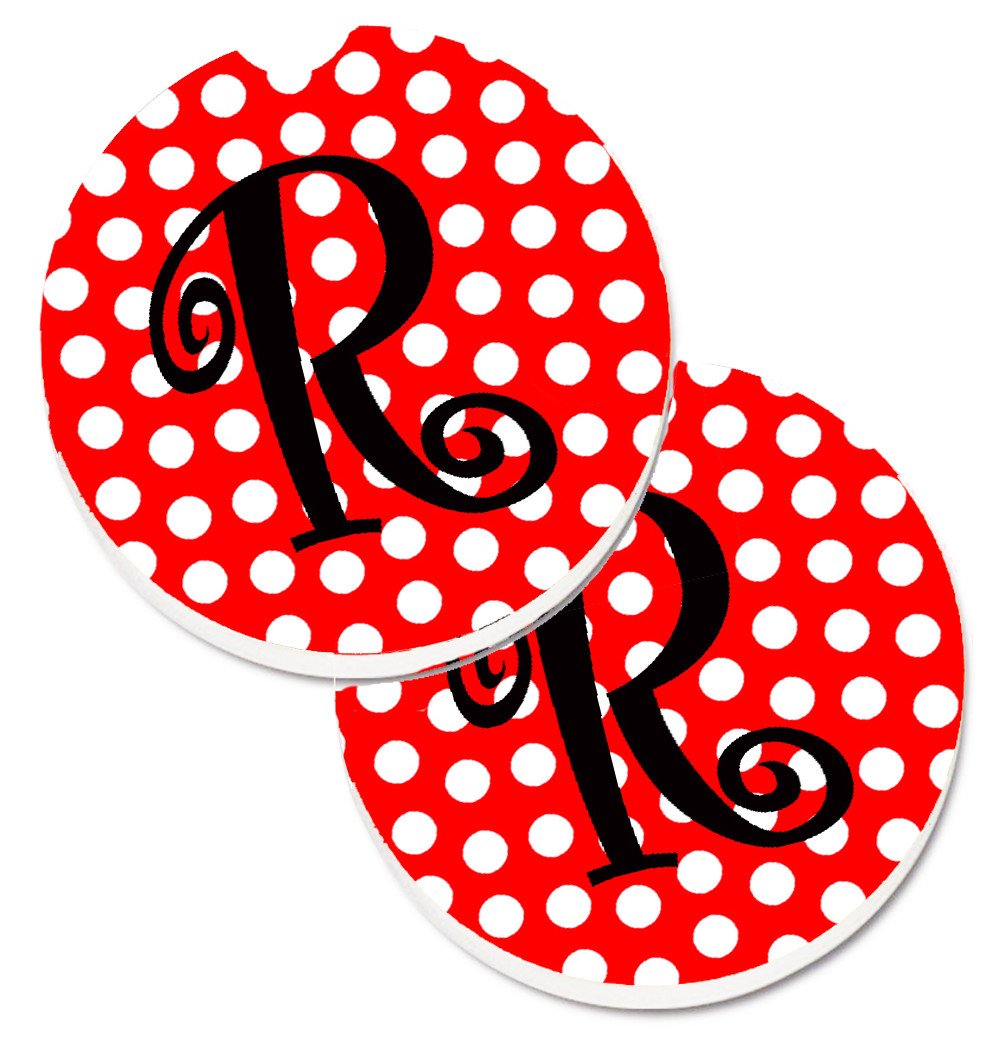 Letter R Initial Monogram Red Black Polka Dots Set of 2 Cup Holder Car Coasters CJ1012-RCARC by Caroline&#39;s Treasures
