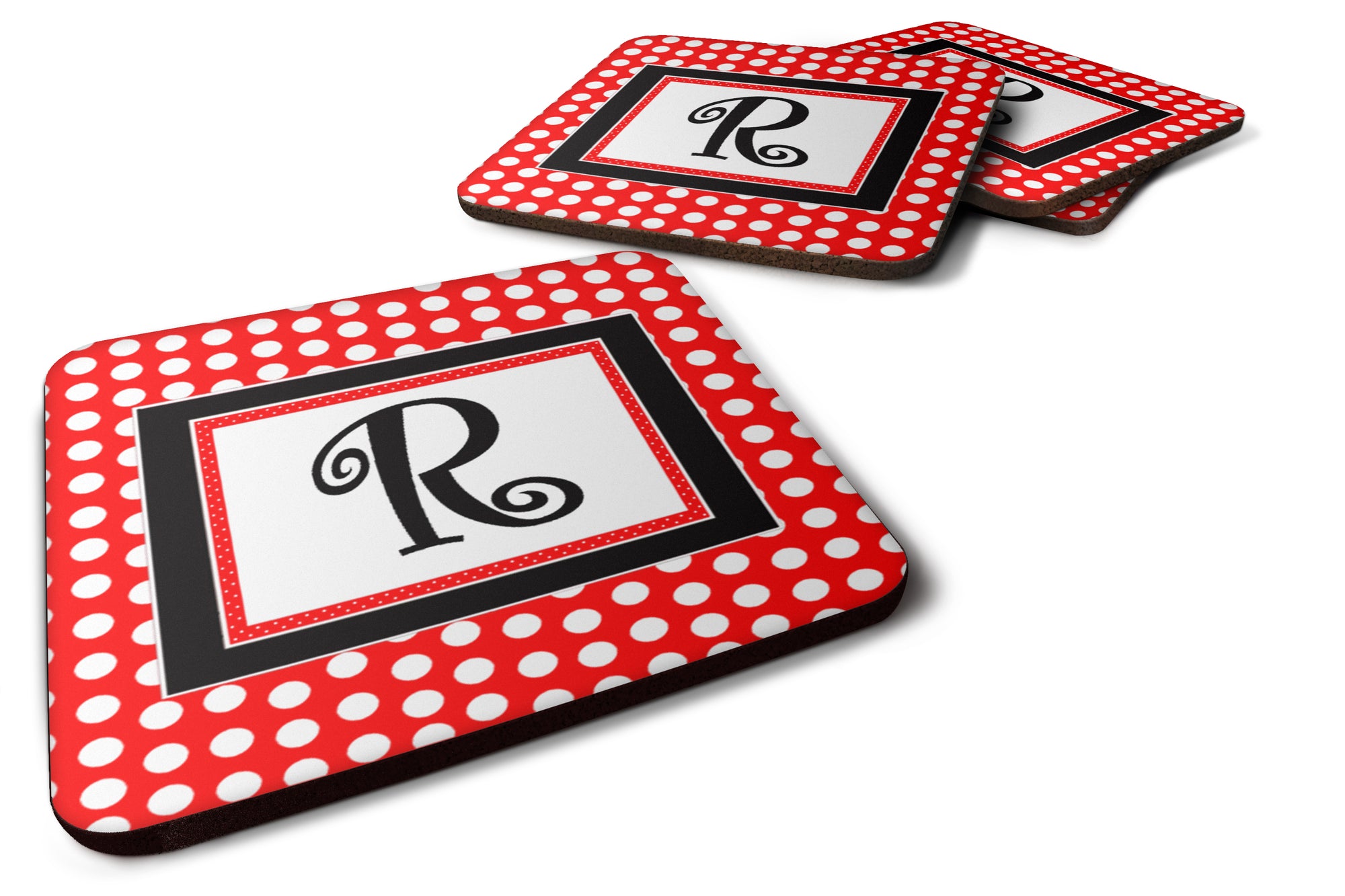 Set of 4 Monogram - Red Black Polka Dots Foam Coasters Initial Letter R - the-store.com