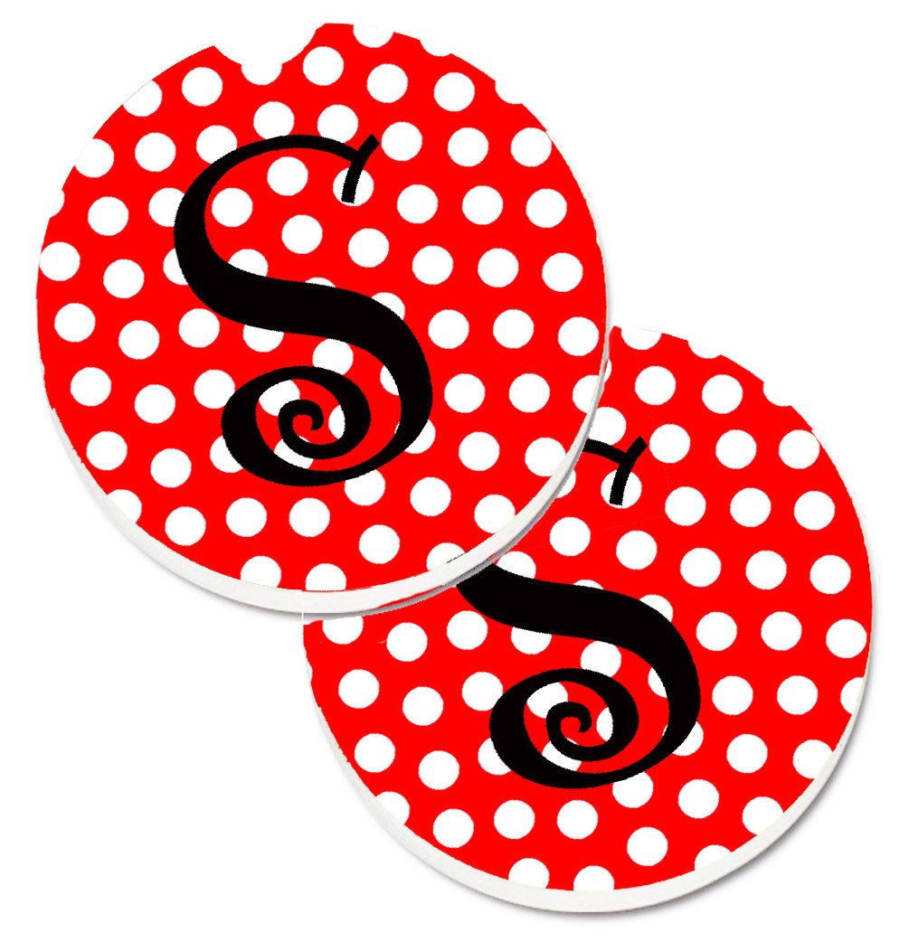 Monogram - Initial S Red Black Polka Dots Set of 2 Cup Holder Car Coasters CJ1012-SCARC by Caroline&#39;s Treasures